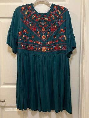 Kirundo embroidered boho green tunic mini dress size L